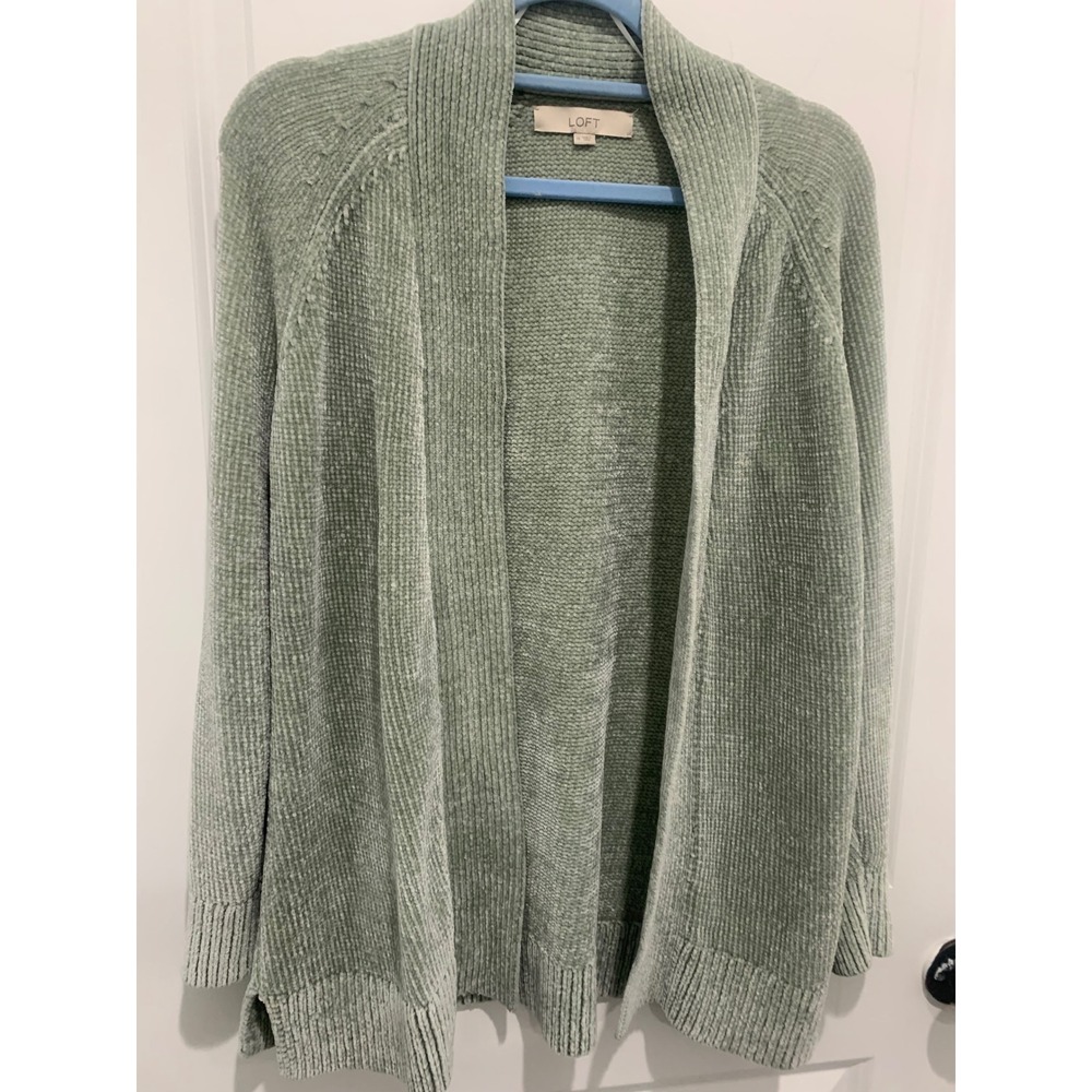 Loft Sage Green Chenille Open Front Cardigan Sweater Medium Shawl Collar Relaxed